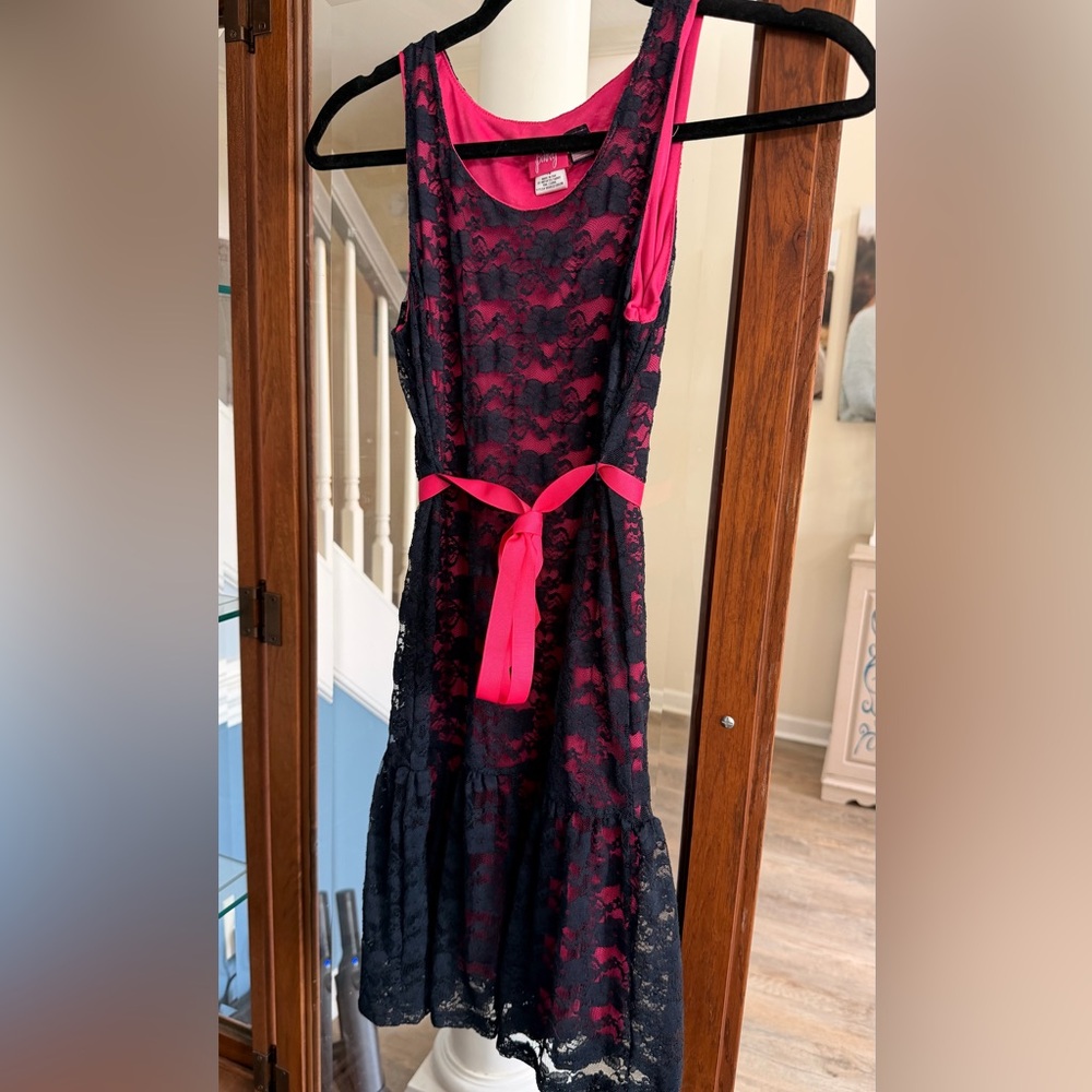 Pinky Navy Blue Lace Dress with Bright Pink Underlay and Sash